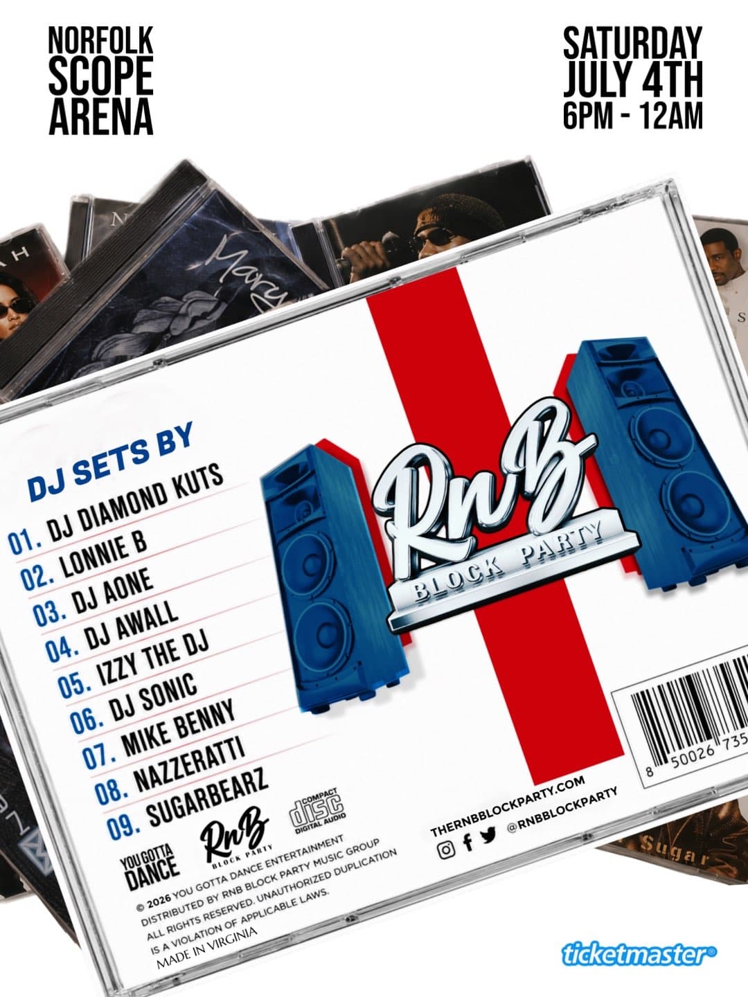 RnB Block Party 4th of July flyer at Norfolk Scope Arena, Saturday July 4th 6PM to 12AM, with DJ sets by DJ Diamond Kuts, Lonnie B, DJ Aone, DJ Awall, Izzy The DJ, DJ Sonic, Mike Benny, Nazzeratti, and Sugarbearz