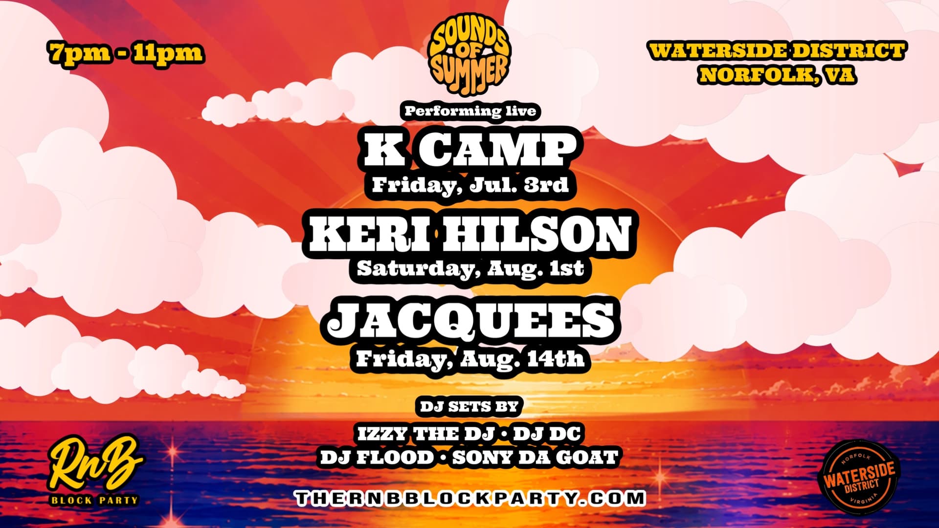 Sounds of Summer lineup flyer featuring K Camp, Keri Hilson, and Jacquees at Waterside District, Norfolk VA